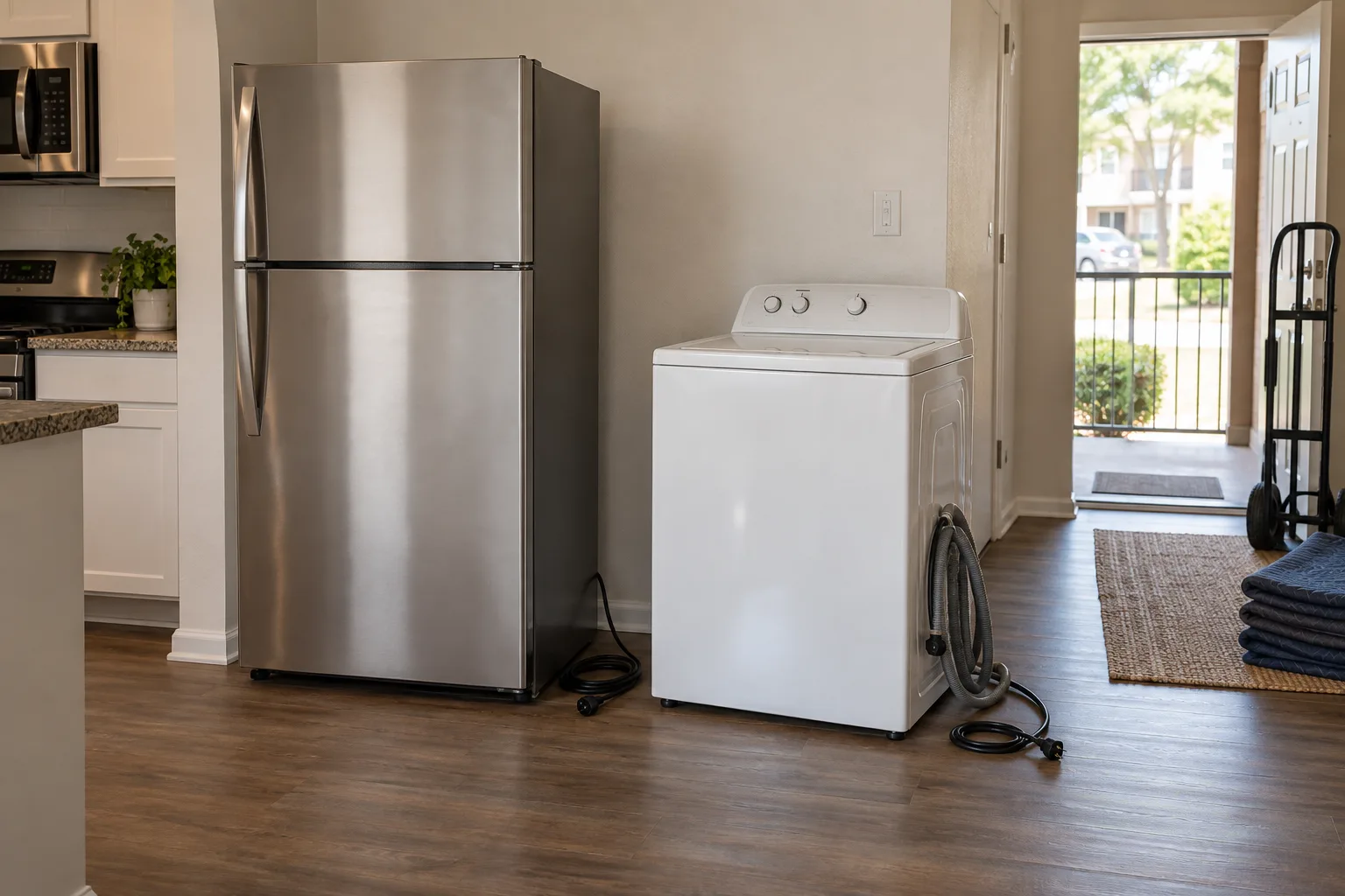 Unplugged refrigerator and washer staged for apartment removal