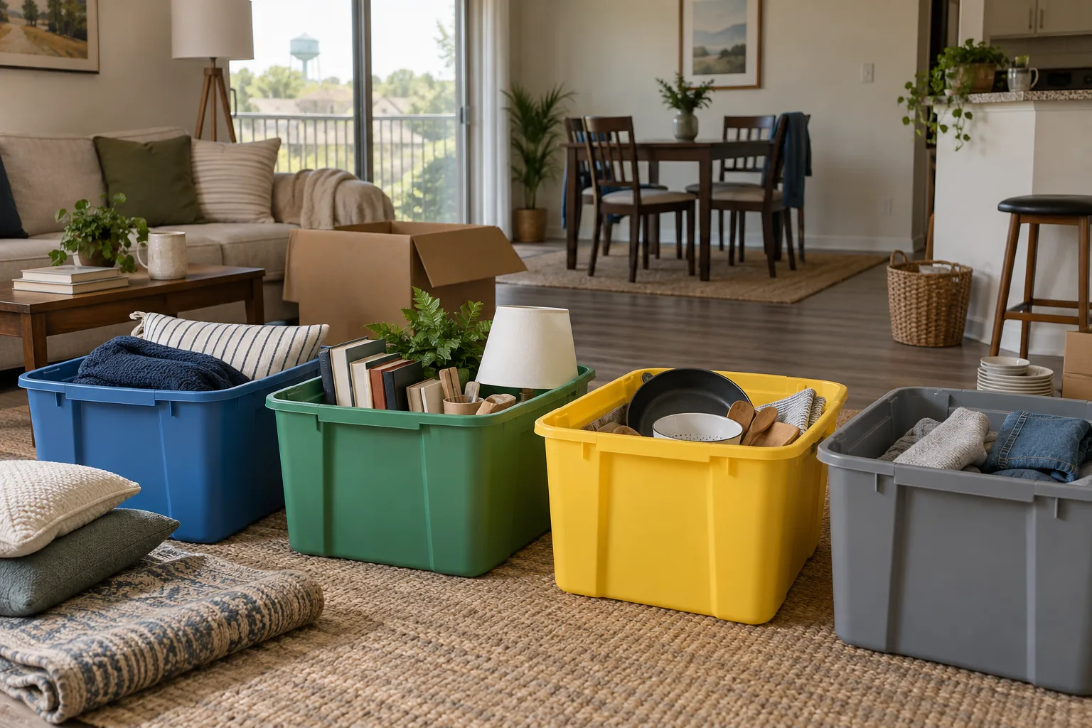 Bagged apartment contents organized for removal